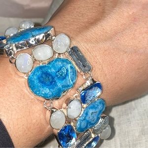 Sophisticated Solar Quartz Druzy + Moonstone + Blue Topaz statement Bracelet